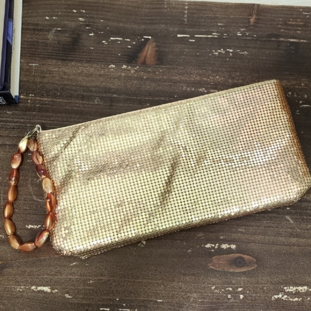 Chain Mail Gold Tone Beaded Handle Clutch